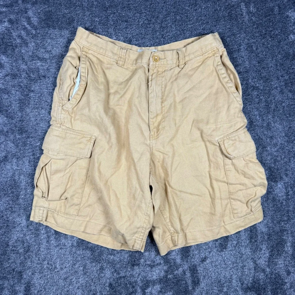 J. Crew Mens 100% Linen Cargo Shorts Tan Khaki Size 32 Summer Casual Lightweight
